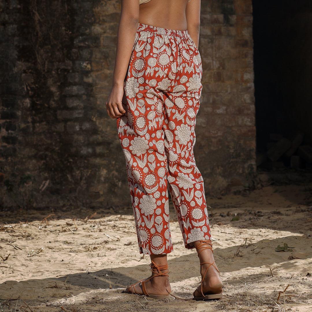 Brick Red Block Printed Cotton Straight pants