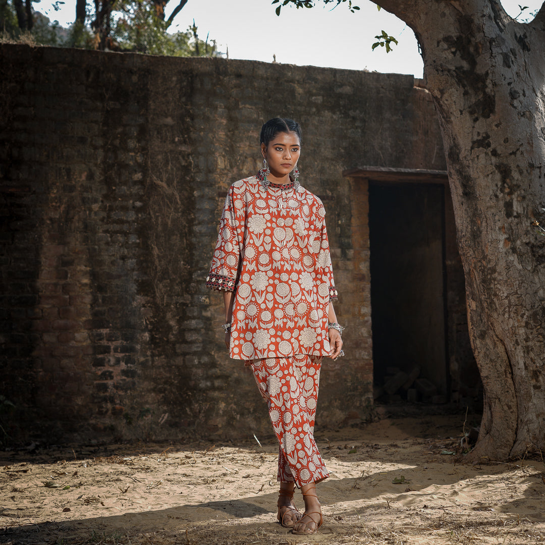 Brick Red Block Printed Oversized Shirt Style Kurta With Embroidery Detail