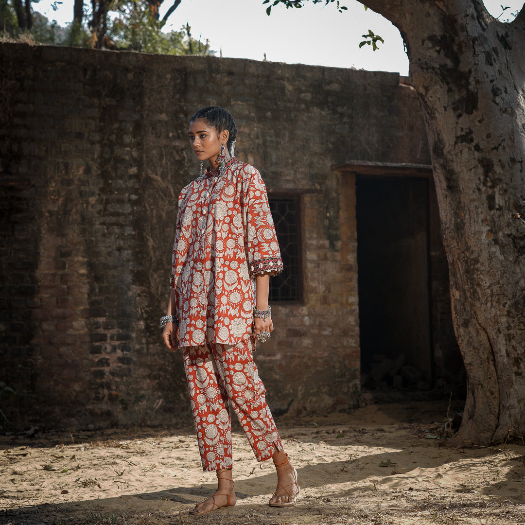Brick Red Block Printed Oversized Shirt Style Kurta With Embroidery Detail