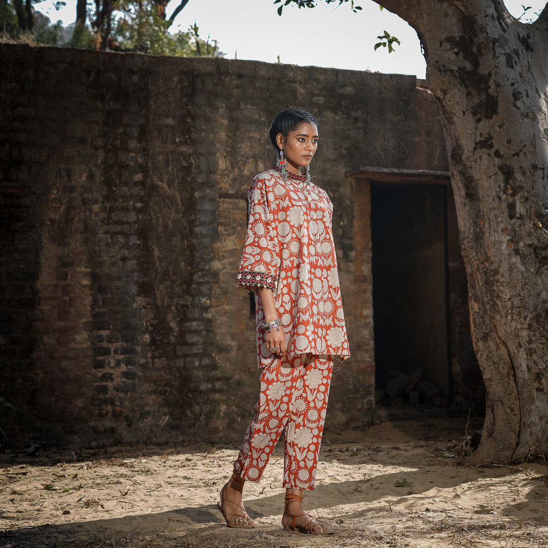 Brick Red Block Printed Oversized Shirt Style Kurta With Embroidery Detail