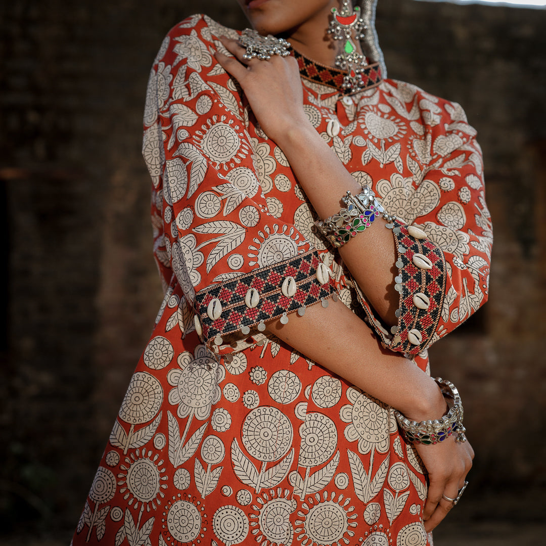 Brick Red Block Printed Oversized Shirt Style Kurta With Embroidery Detail