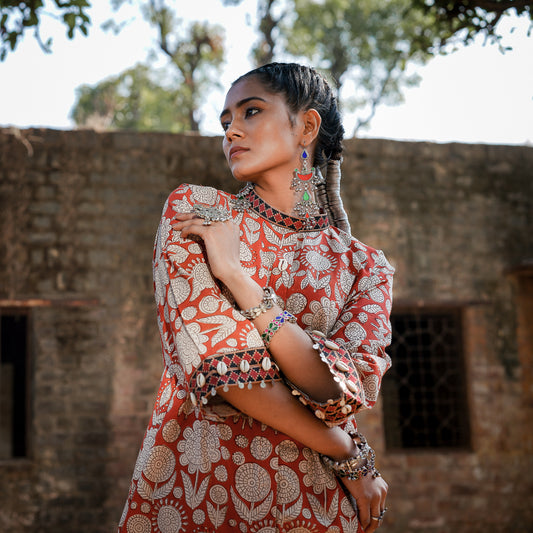 Brick Red Block Printed Oversized Shirt Style Kurta With Embroidery Detail