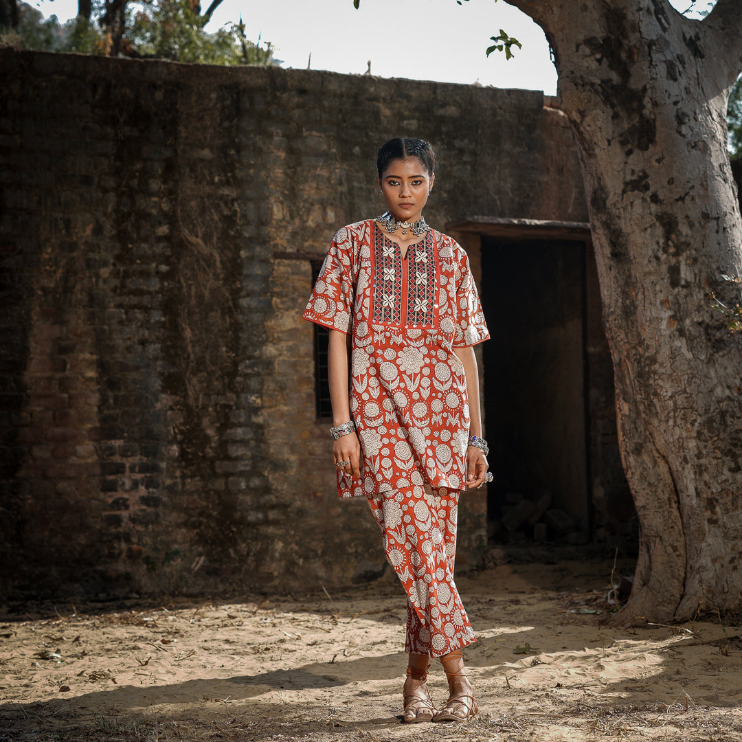 Brick Red Block Printed Oversized Short Kurta With Embroidery Detail