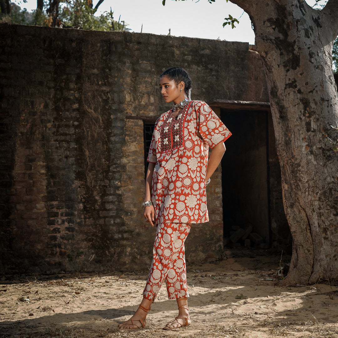 Brick Red Block Printed Oversized Short Kurta With Embroidery Detail