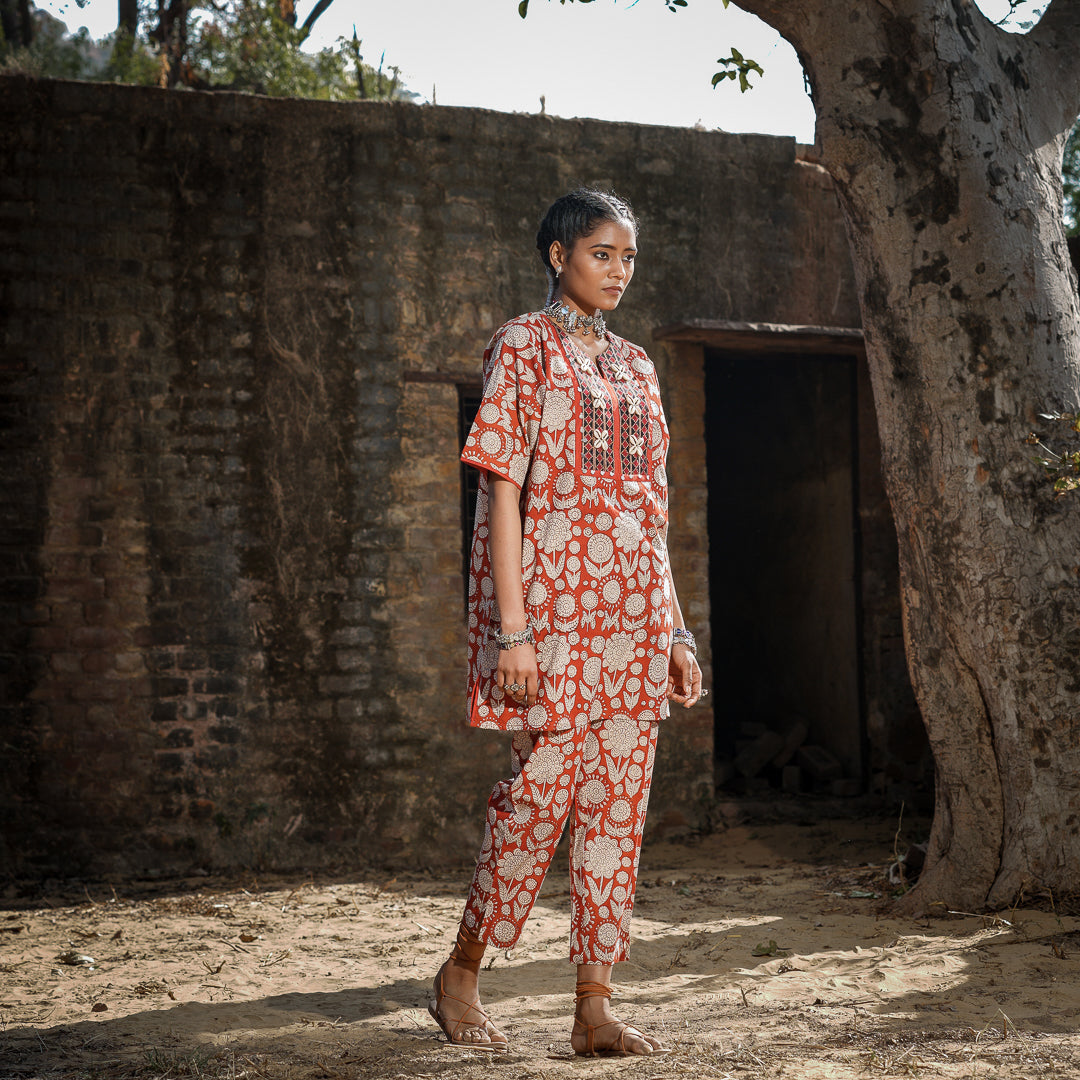 Brick Red Block Printed Oversized Short Kurta With Embroidery Detail