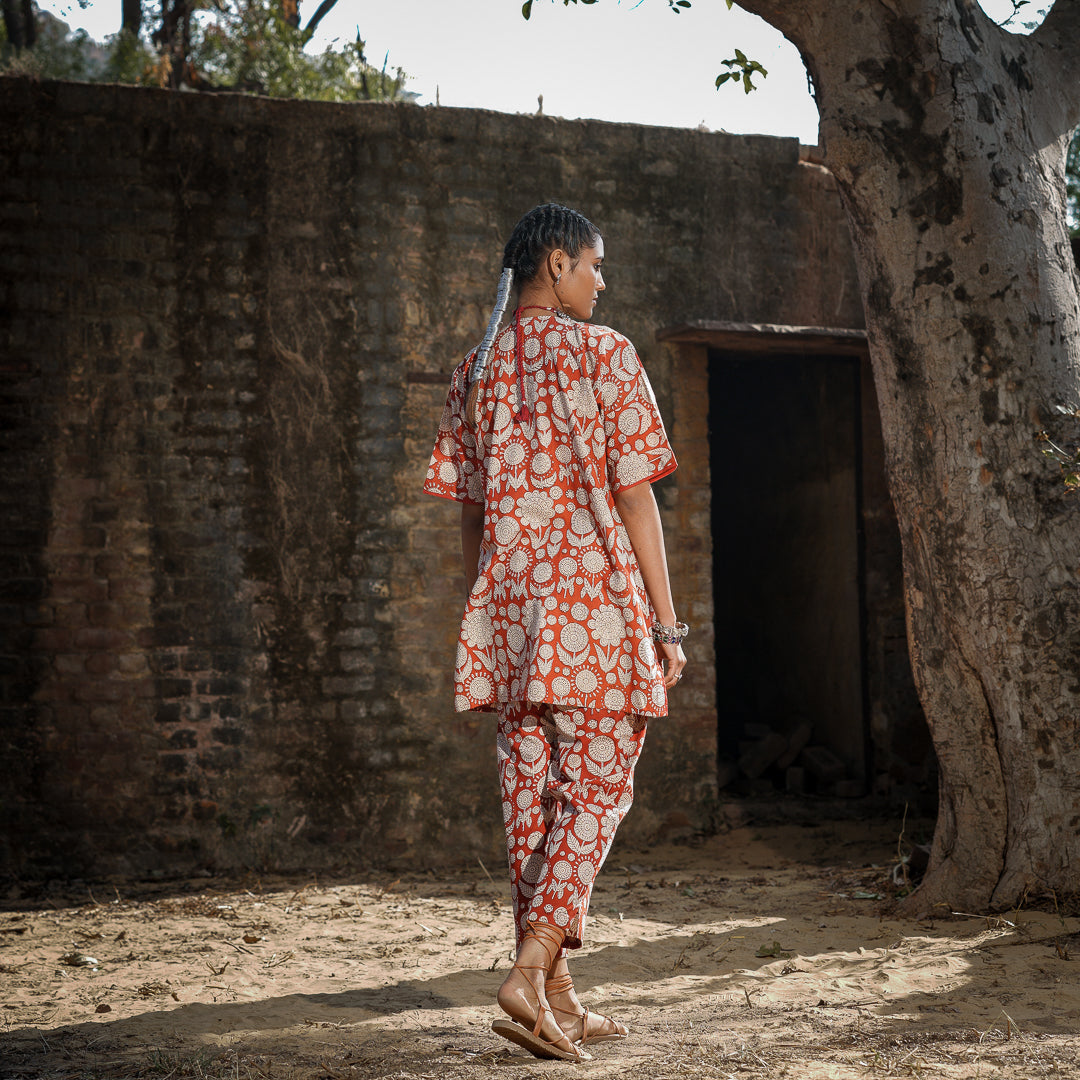 Brick Red Block Printed Oversized Short Kurta With Embroidery Detail