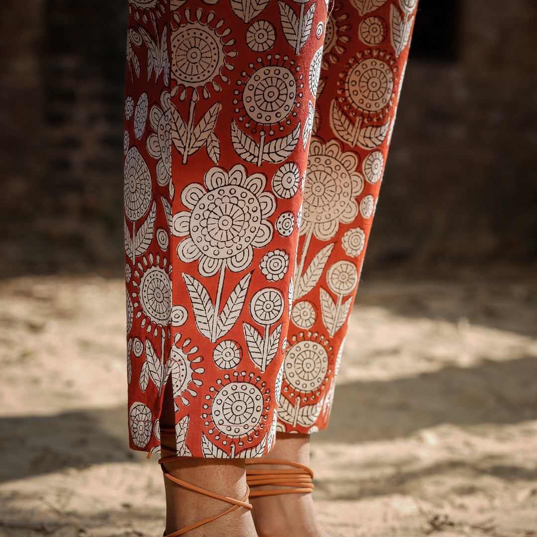Brick Red Block Printed Cotton Straight pants