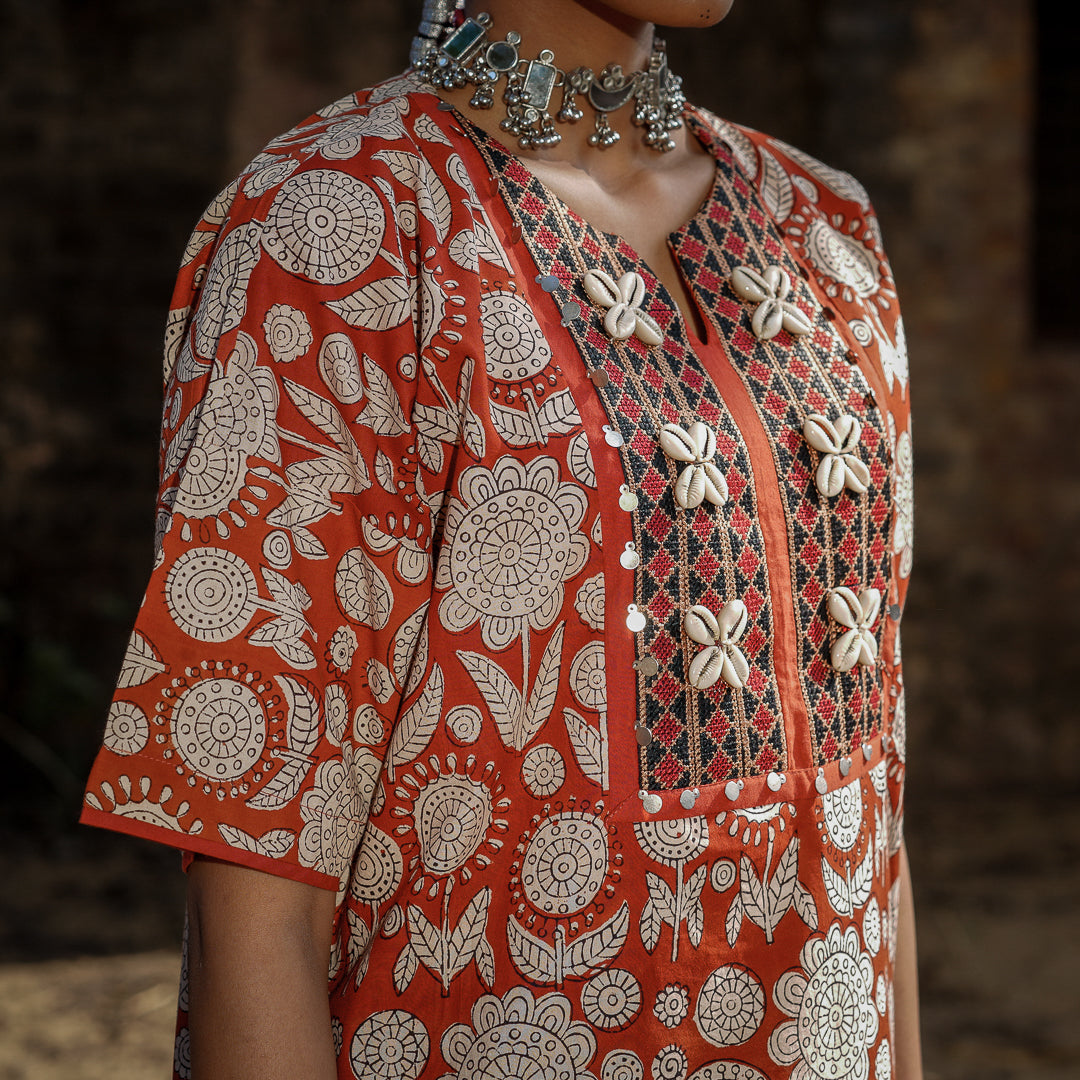 Brick Red Block Printed Oversized Short Kurta With Embroidery Detail
