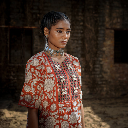 Brick Red Block Printed Oversized Short Kurta With Embroidery Detail