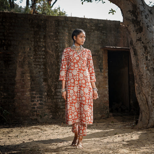 Brick Red Block Printed Straight Kurta With Embroidery Detail On Yoke and Straight Pants Set ( Set Of 2 )