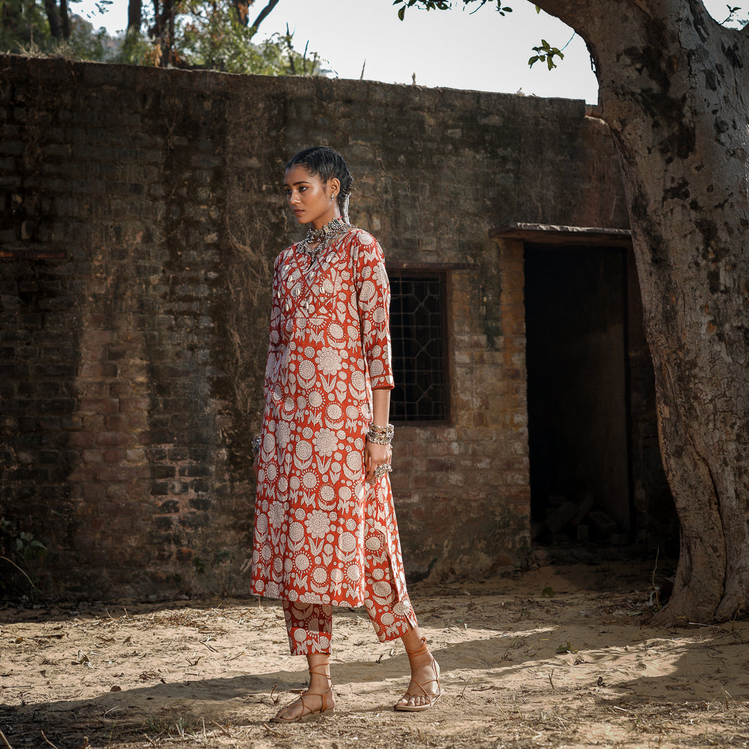 Brick Red Block Printed Straight Kurta With Embroidery Detail On Yoke