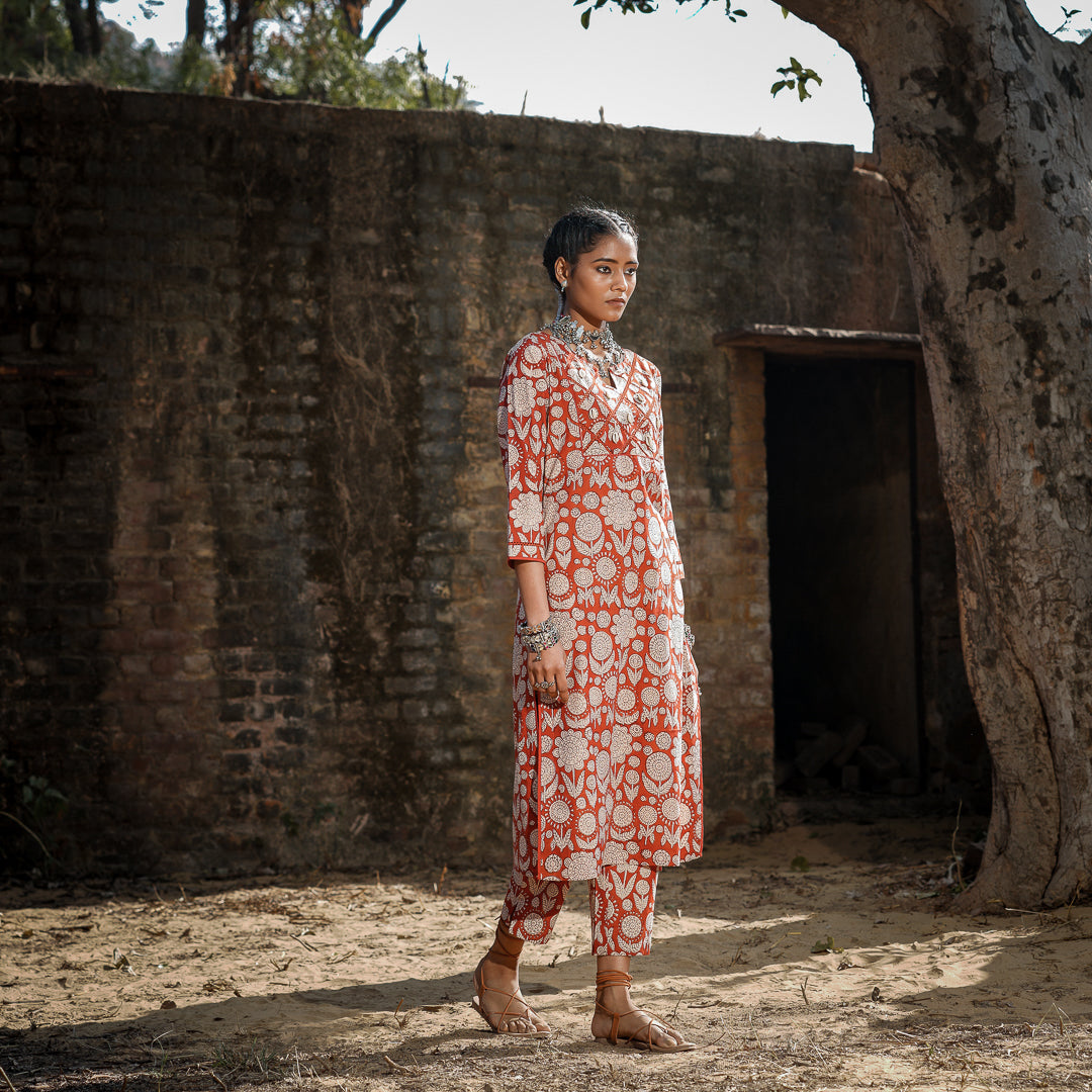 Brick Red Block Printed Straight Kurta With Embroidery Detail On Yoke and Straight Pants Set ( Set Of 2 )