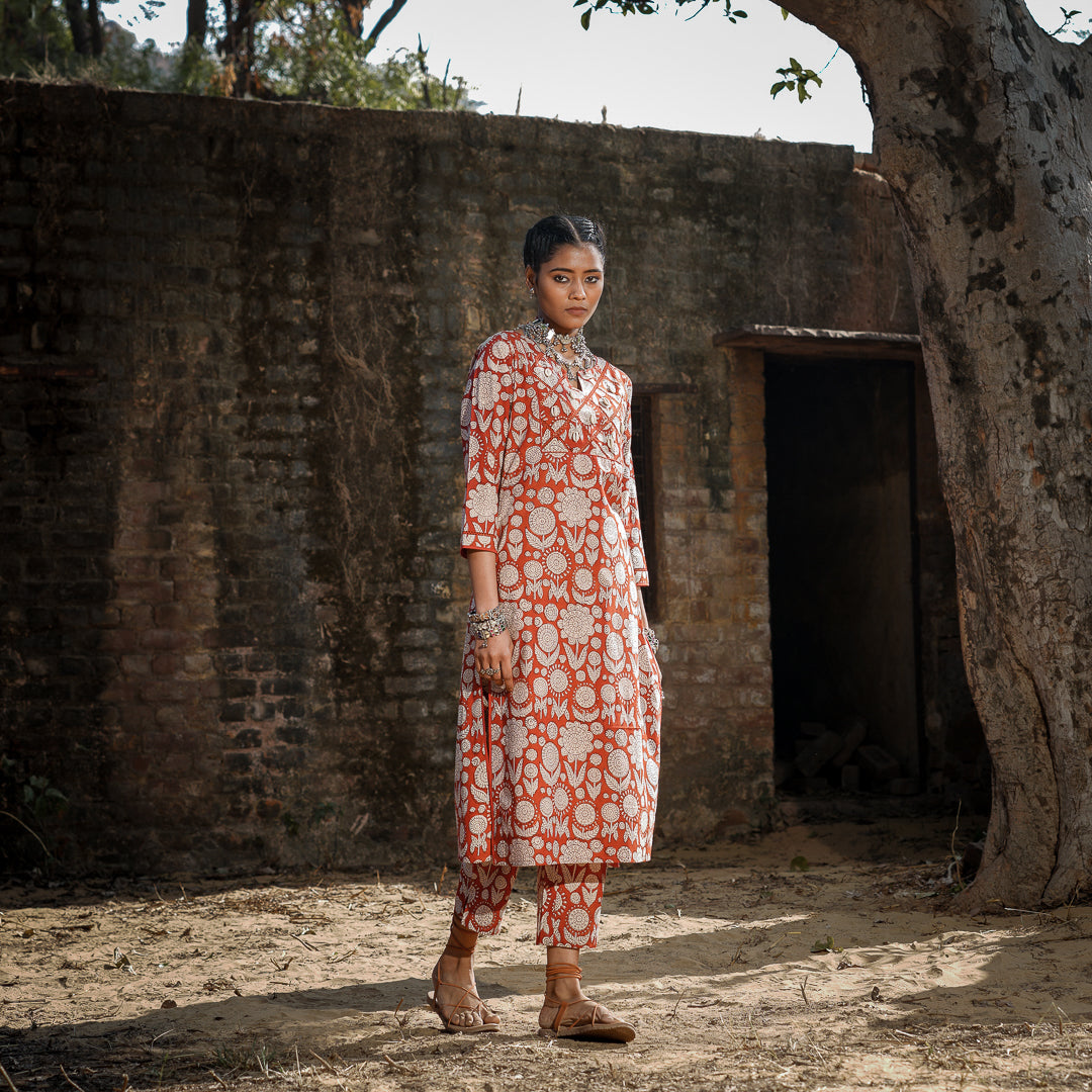 Brick Red Block Printed Straight Kurta With Embroidery Detail On Yoke