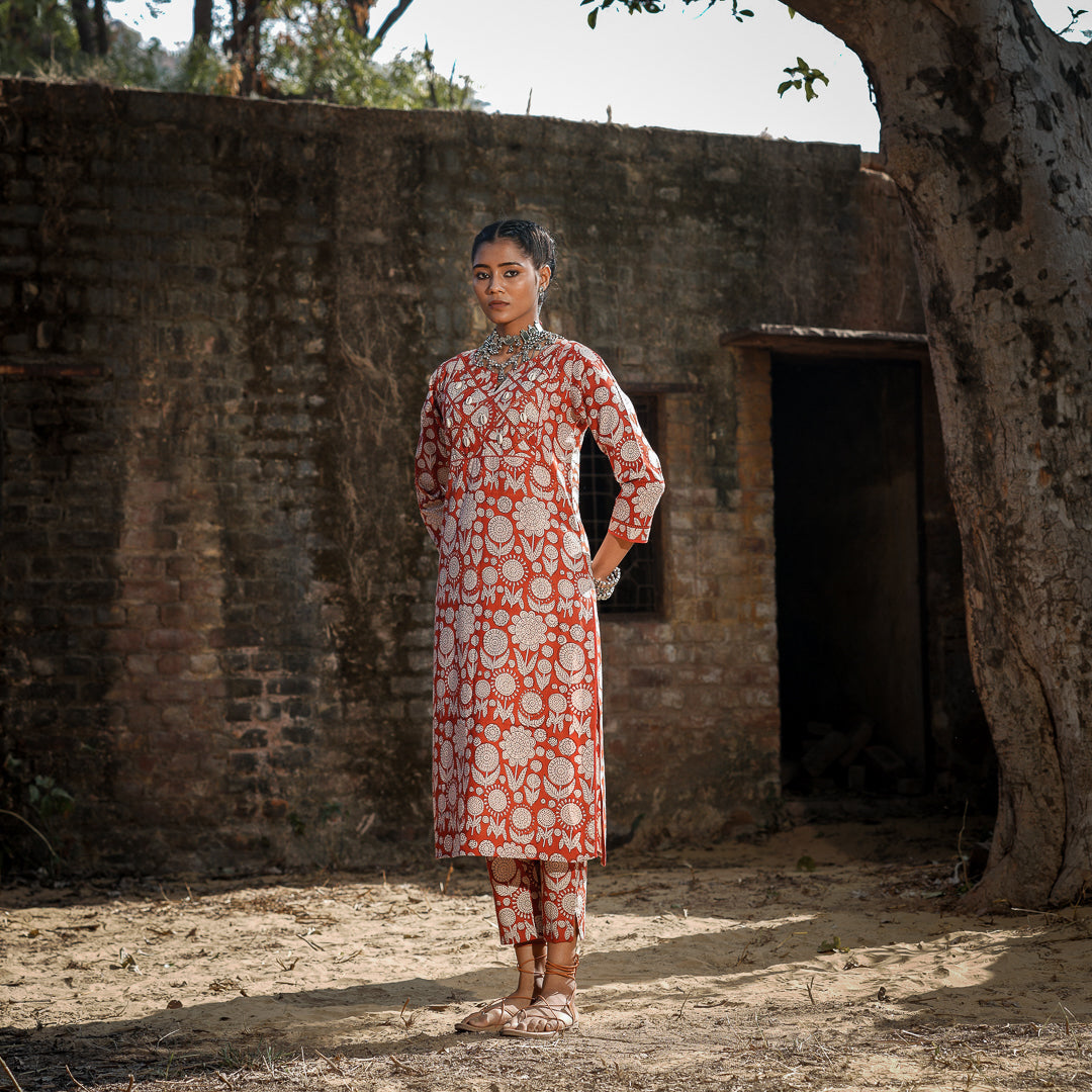 Brick Red Block Printed Straight Kurta With Embroidery Detail On Yoke