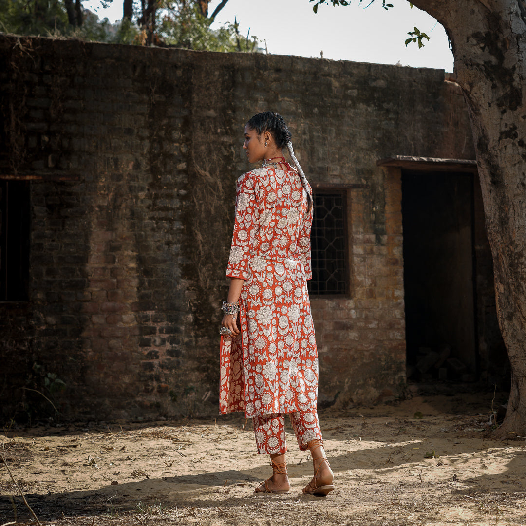 Brick Red Block Printed Straight Kurta With Embroidery Detail On Yoke