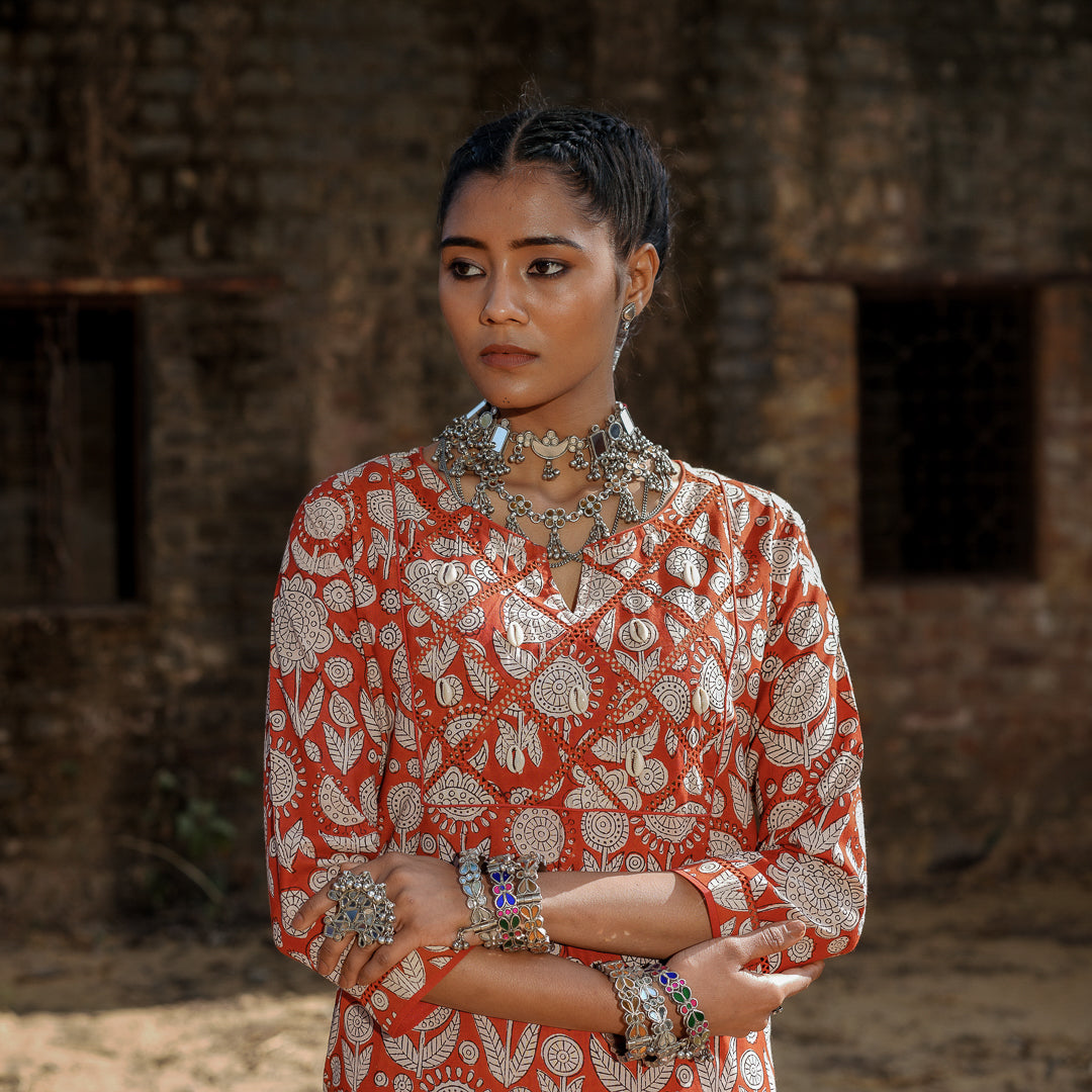 Brick Red Block Printed Straight Kurta With Embroidery Detail On Yoke