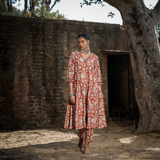 Brick Red Block Printed Panelled Kurta With Embroidery Detail and Straight Pants Set ( Set Of 2 )