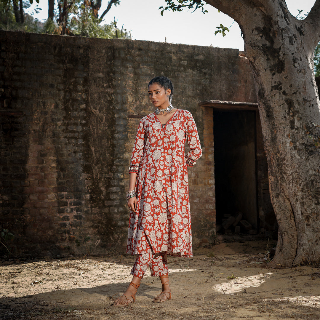 Brick Red Block Printed Panelled Kurta With Embroidery Detail