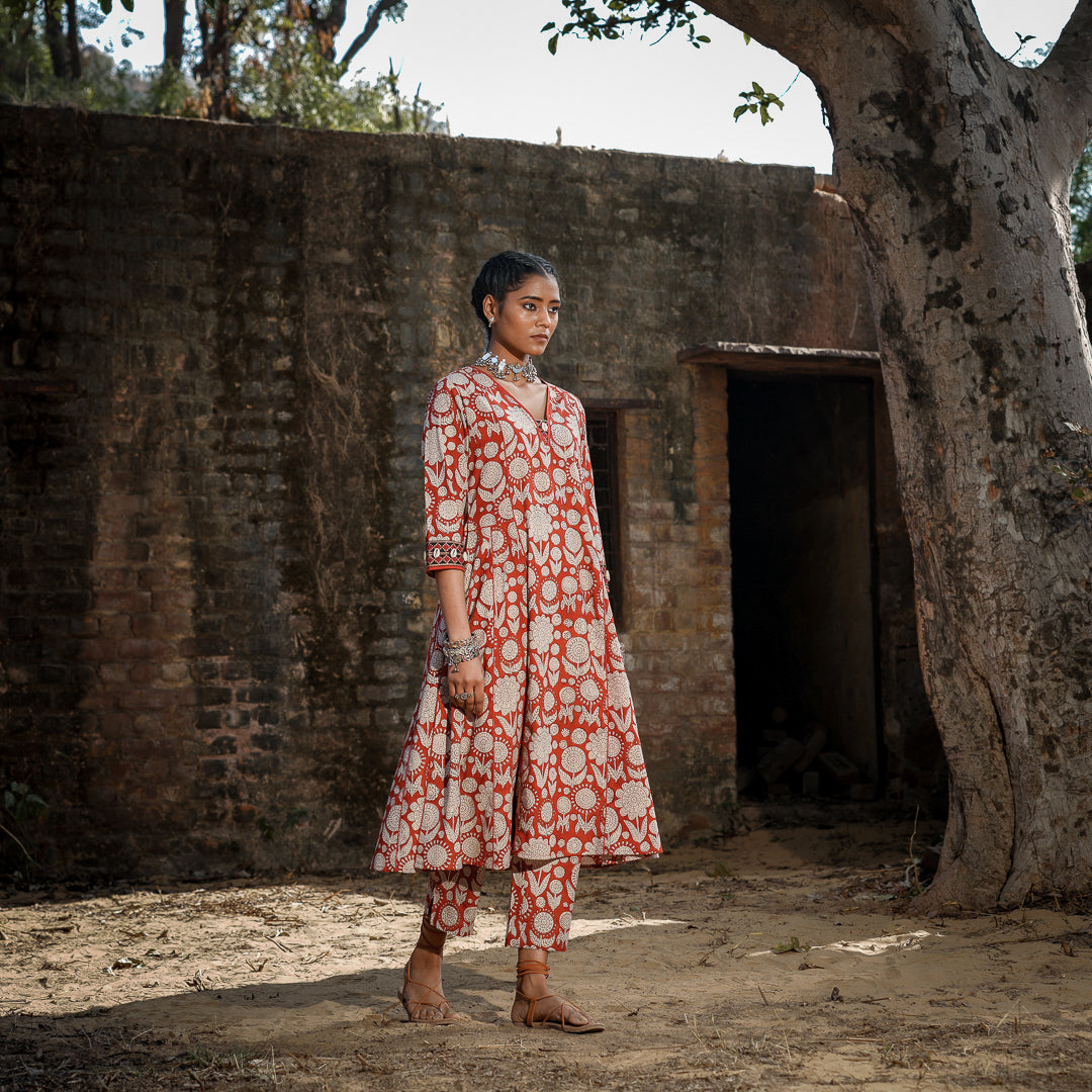 Brick Red Block Printed Panelled Kurta With Embroidery Detail
