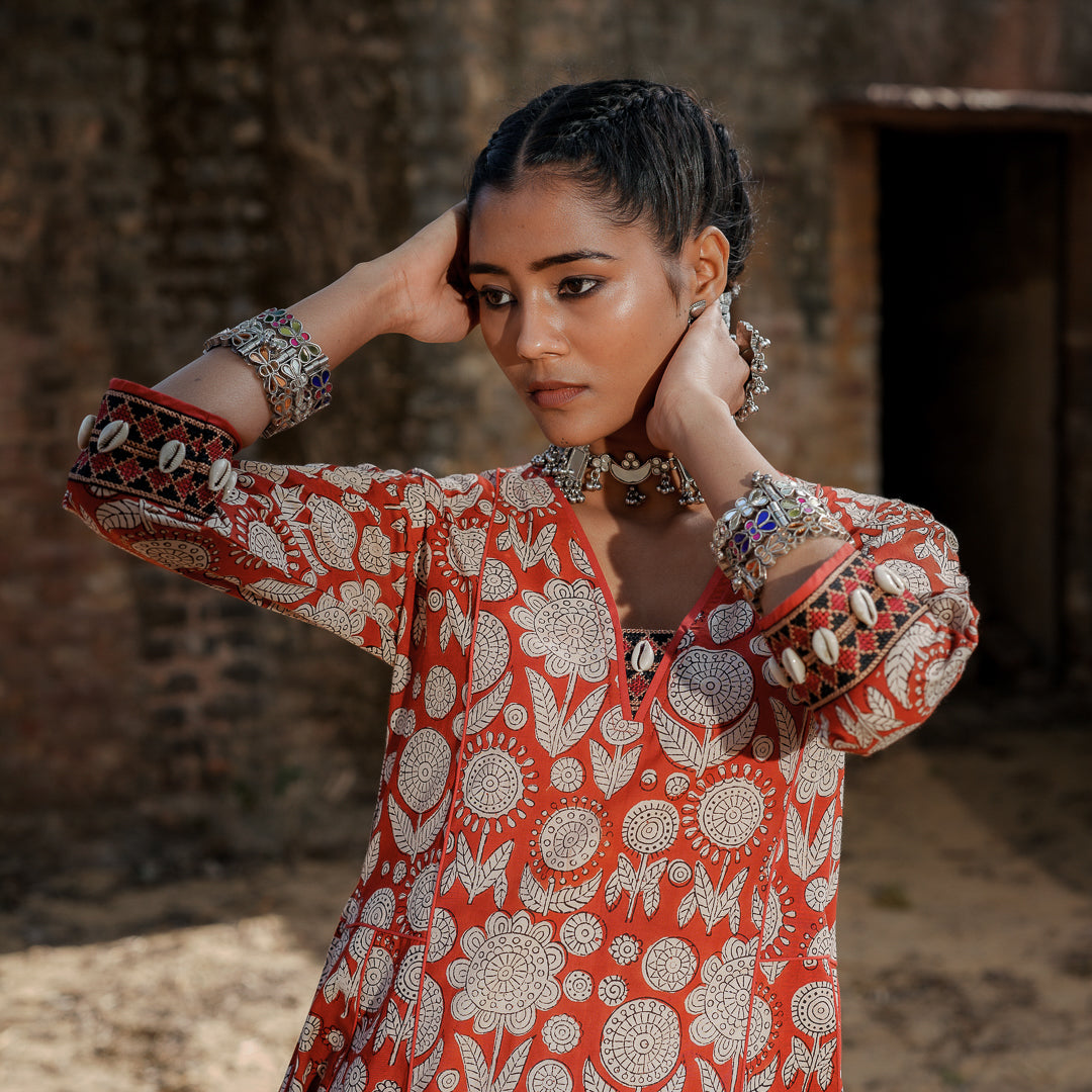 Brick Red Block Printed Panelled Kurta With Embroidery Detail and Straight Pants Set ( Set Of 2 )