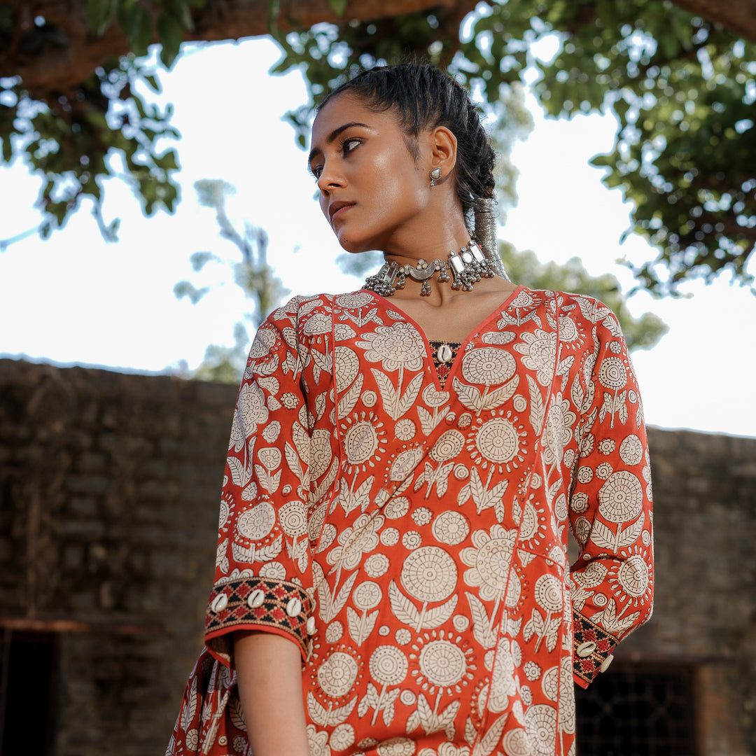 Brick Red Block Printed Panelled Kurta With Embroidery Detail