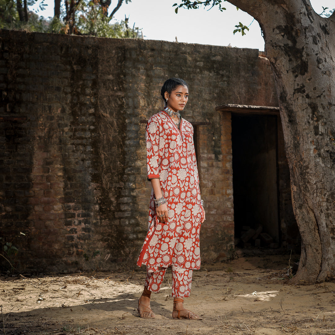 Brick Red Block Printed Straight Kurta with Hand Embroidered Detail