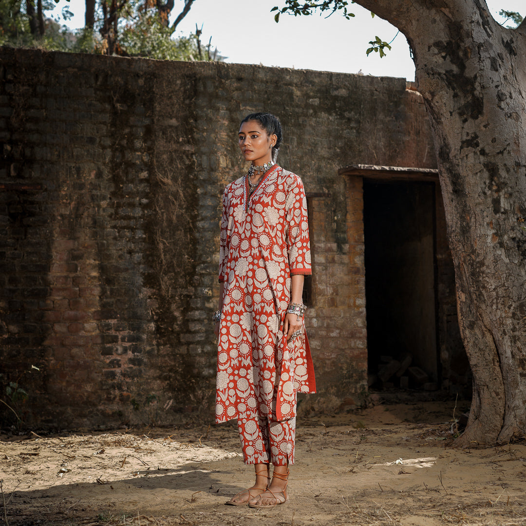 Brick Red Block Printed Straight Kurta with Hand Embroidered Detail