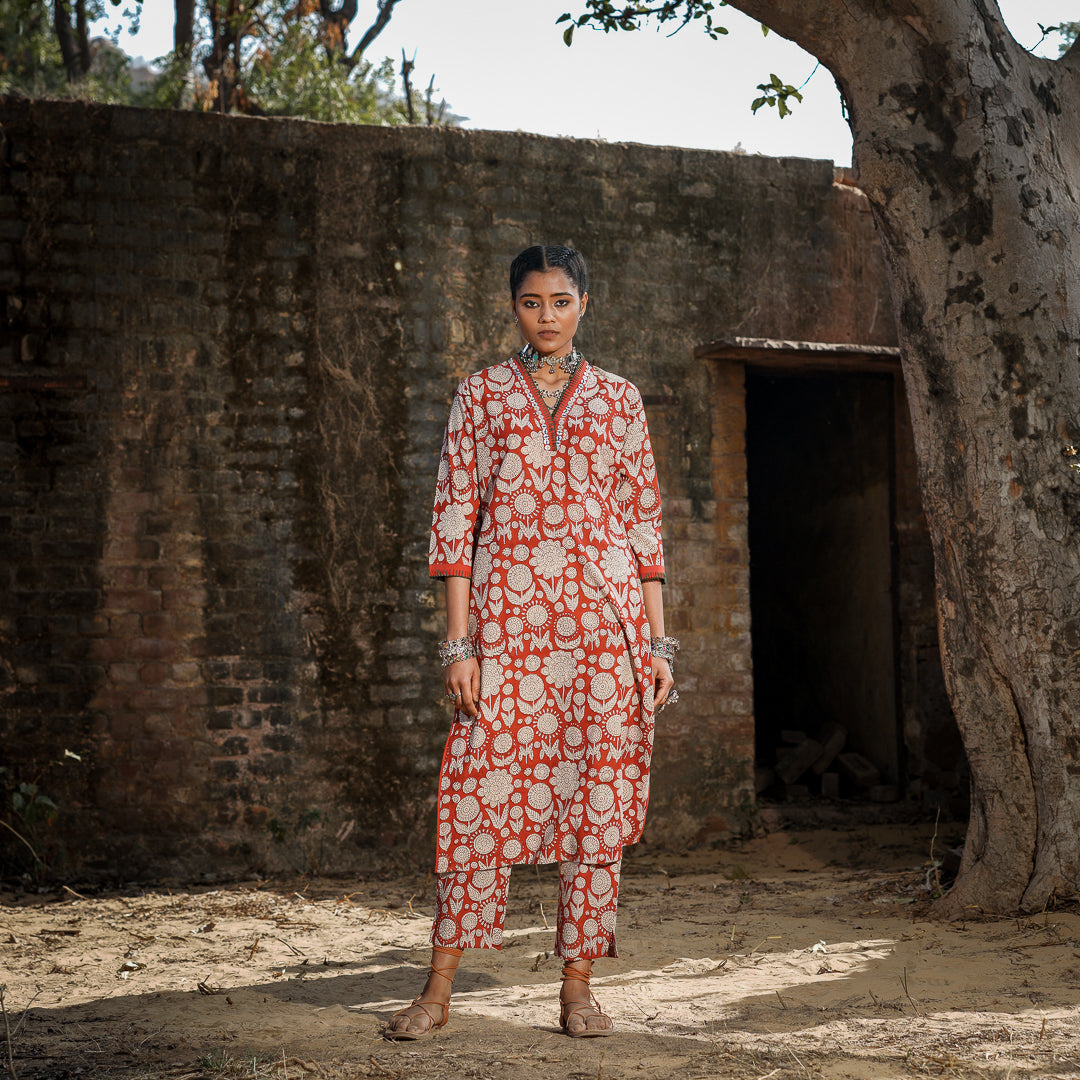 Brick Red Block Printed Straight Kurta with Hand Embroidered Detail and Straight Pants Set ( Set Of 2 )