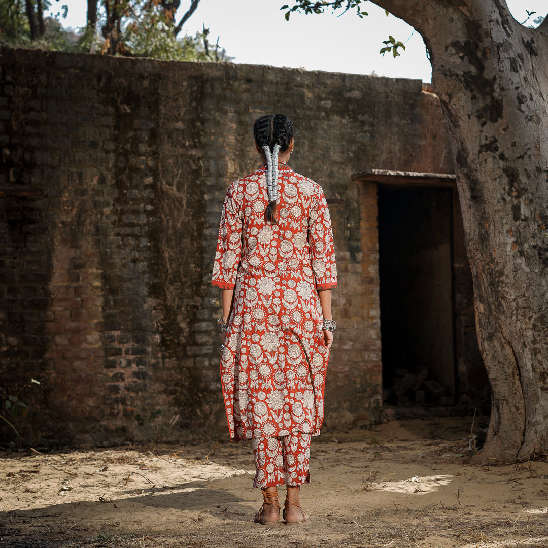 Brick Red Block Printed Straight Kurta with Hand Embroidered Detail and Straight Pants Set ( Set Of 2 )