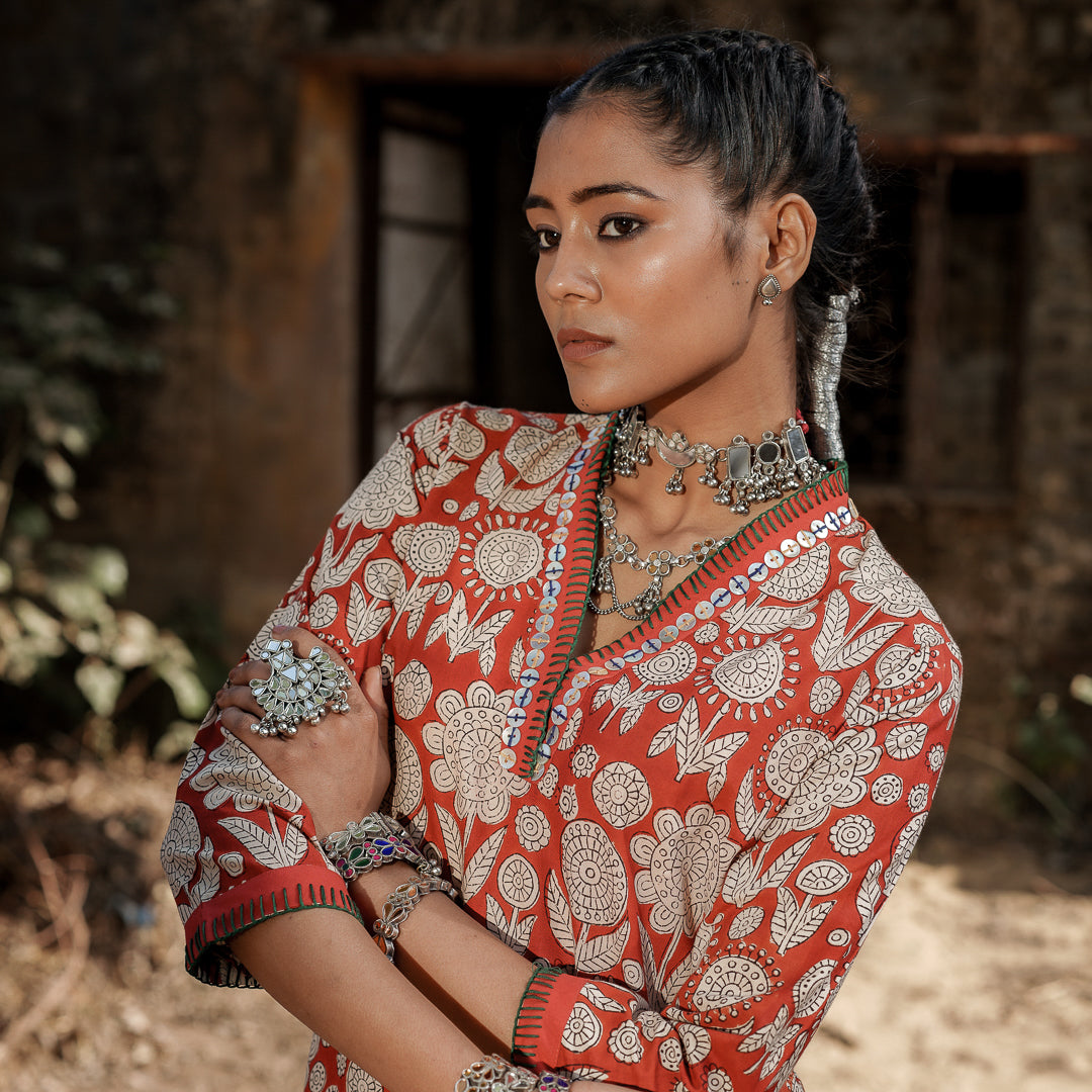 Brick Red Block Printed Straight Kurta with Hand Embroidered Detail