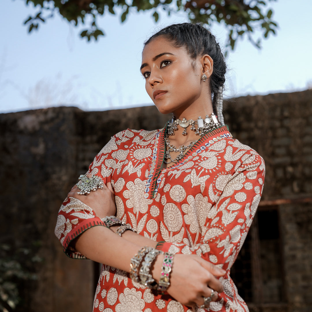 Brick Red Block Printed Straight Kurta with Hand Embroidered Detail