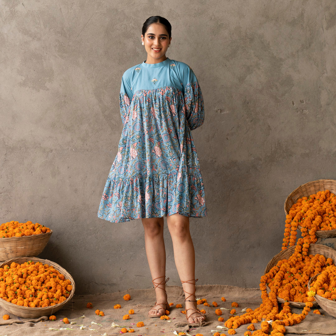 Blue short flared tiered dress with embroidery details