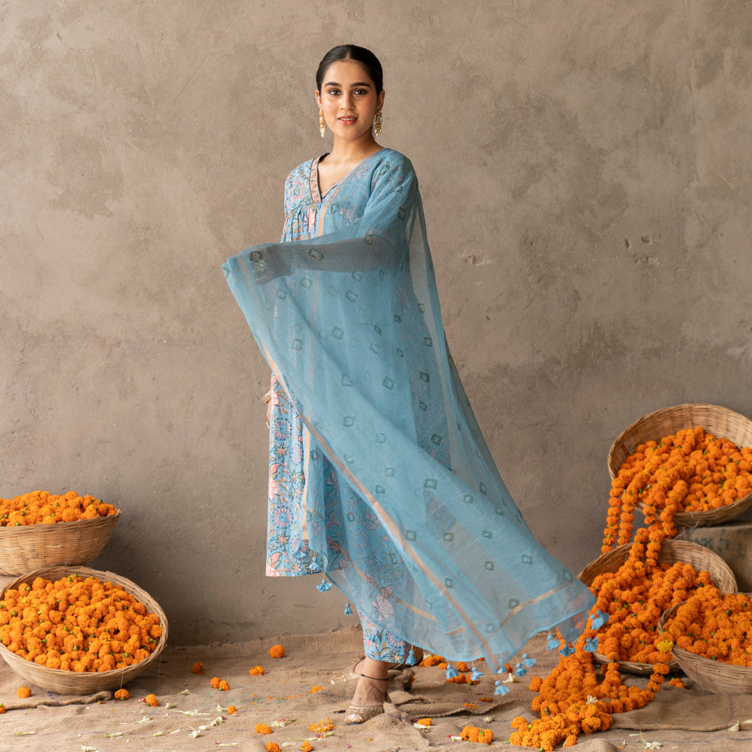 Blue block printed A line with hand embroidery detailed suit set with dupatta