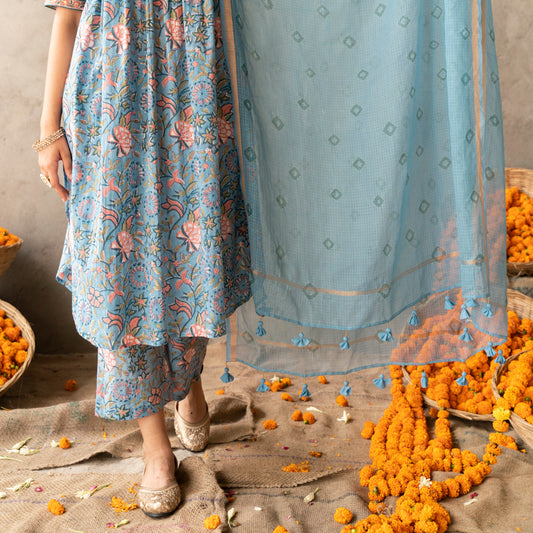 Blue Kota Doria bandhni dupatta