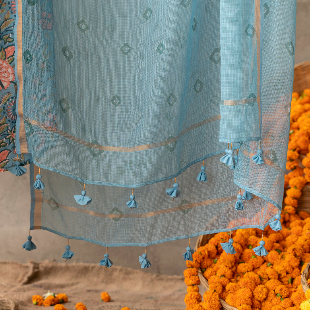 Blue Kota Doria bandhni dupatta