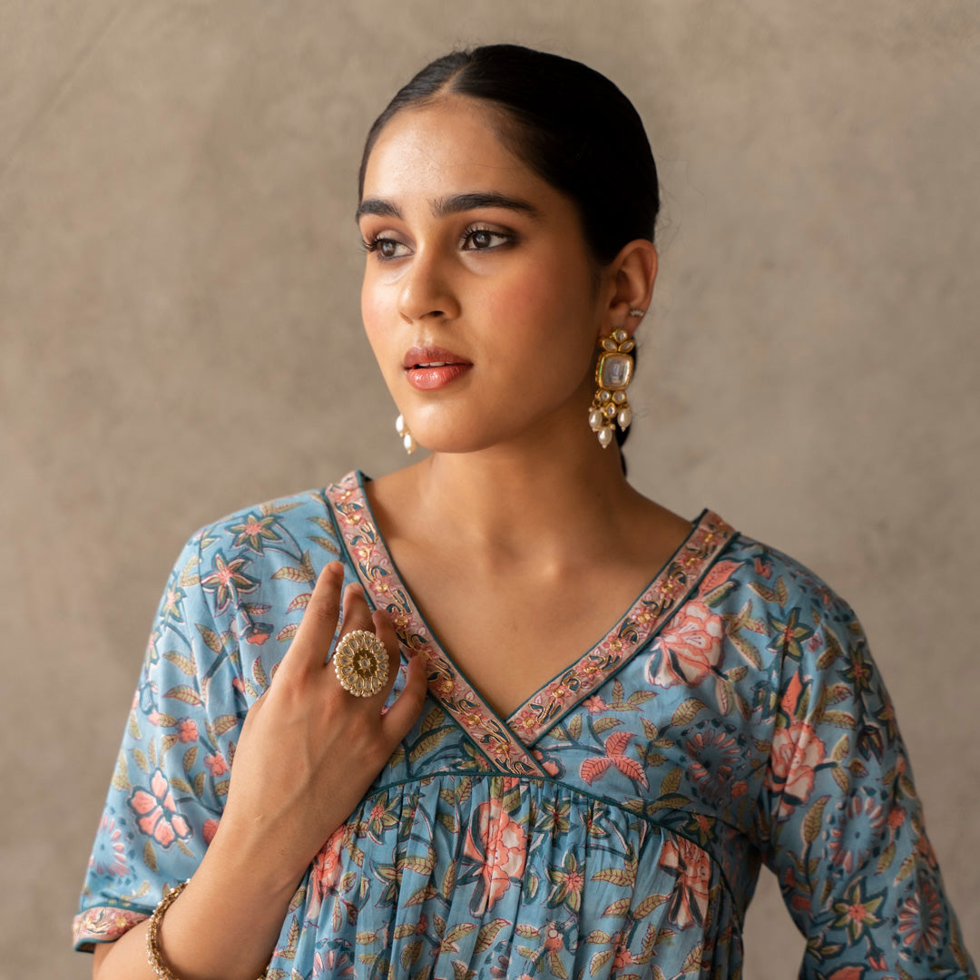 Blue block printed A line with hand embroidery detailed suit set with dupatta