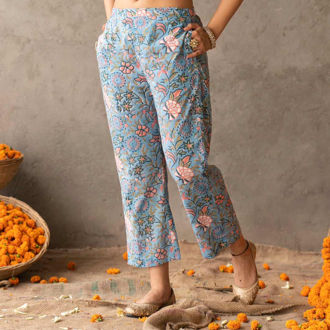 Blue block printed cotton straight pants