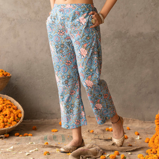 Blue block printed cotton straight pants