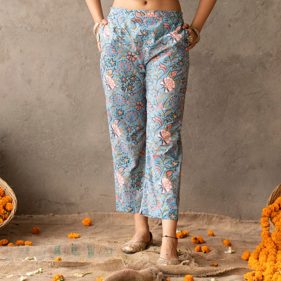 Blue block printed cotton straight pants