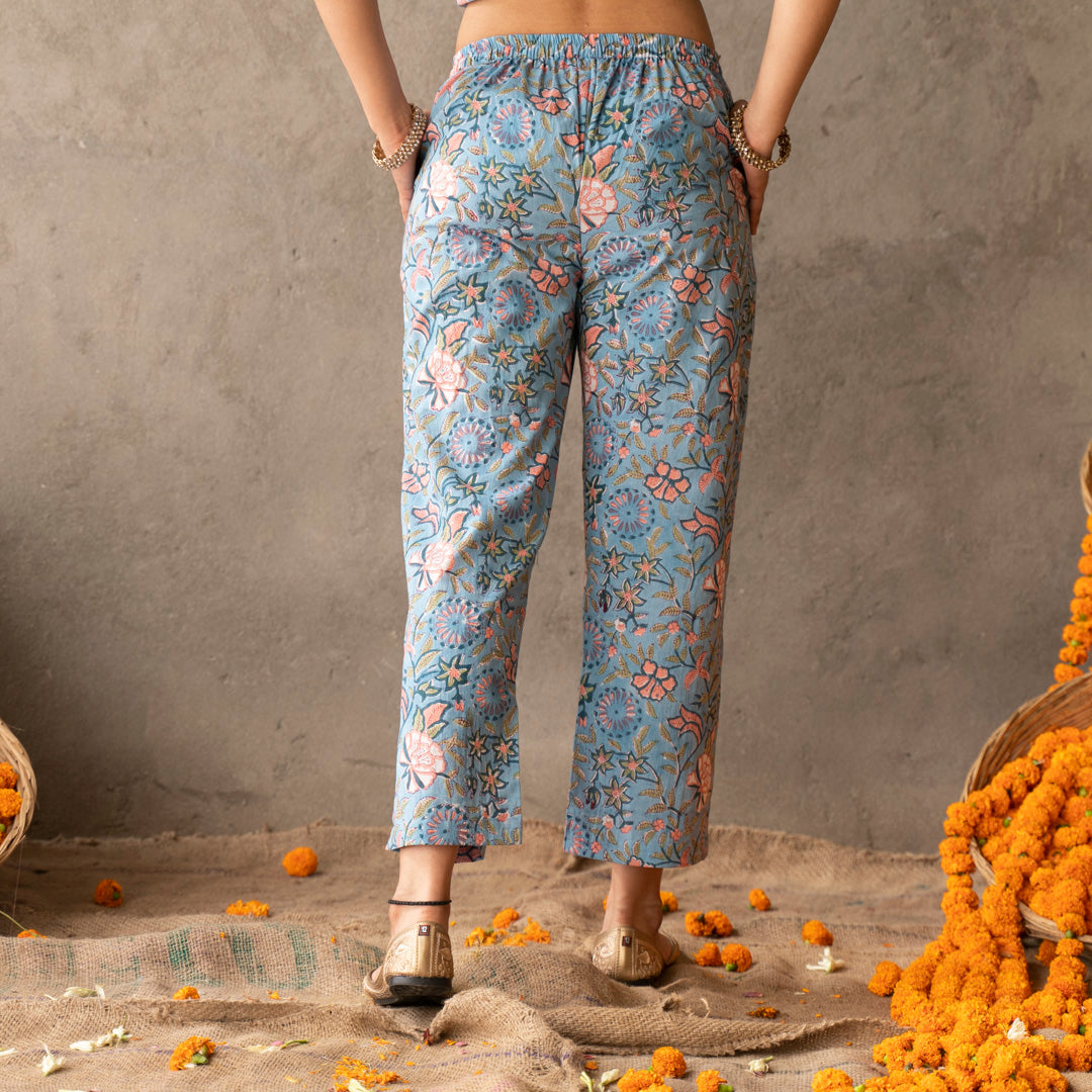 Blue block printed cotton straight pants