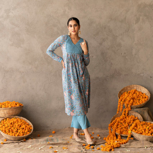 Blue block printed with yoke and sleeve detailed A line kurta