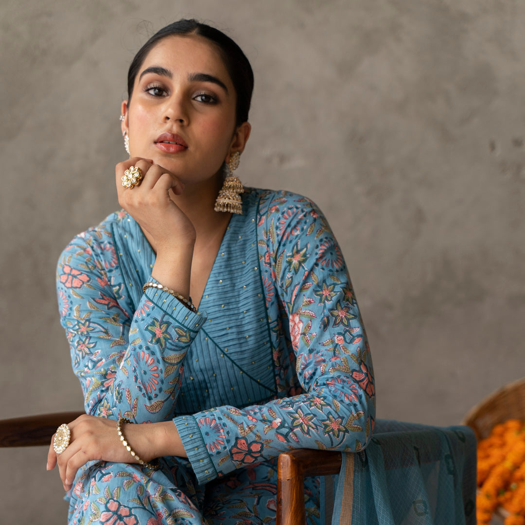 Blue block printed with yoke and sleeve detailed A line suit set with dupatta