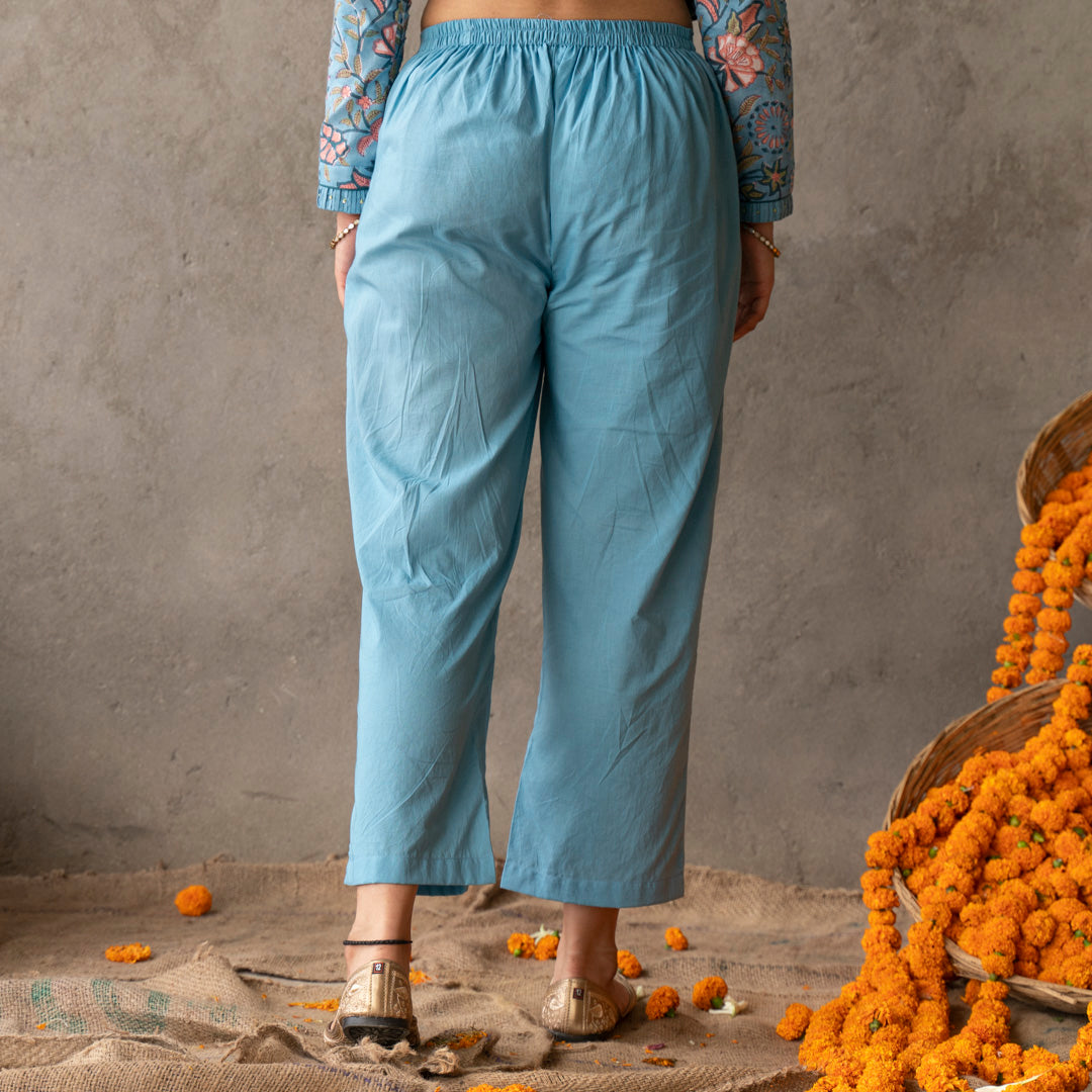 Solid Blue cotton straight pants