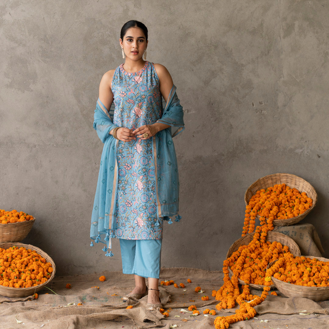 Blue block printed and embroidery detailed straight fit sleevless suit set with dupatta