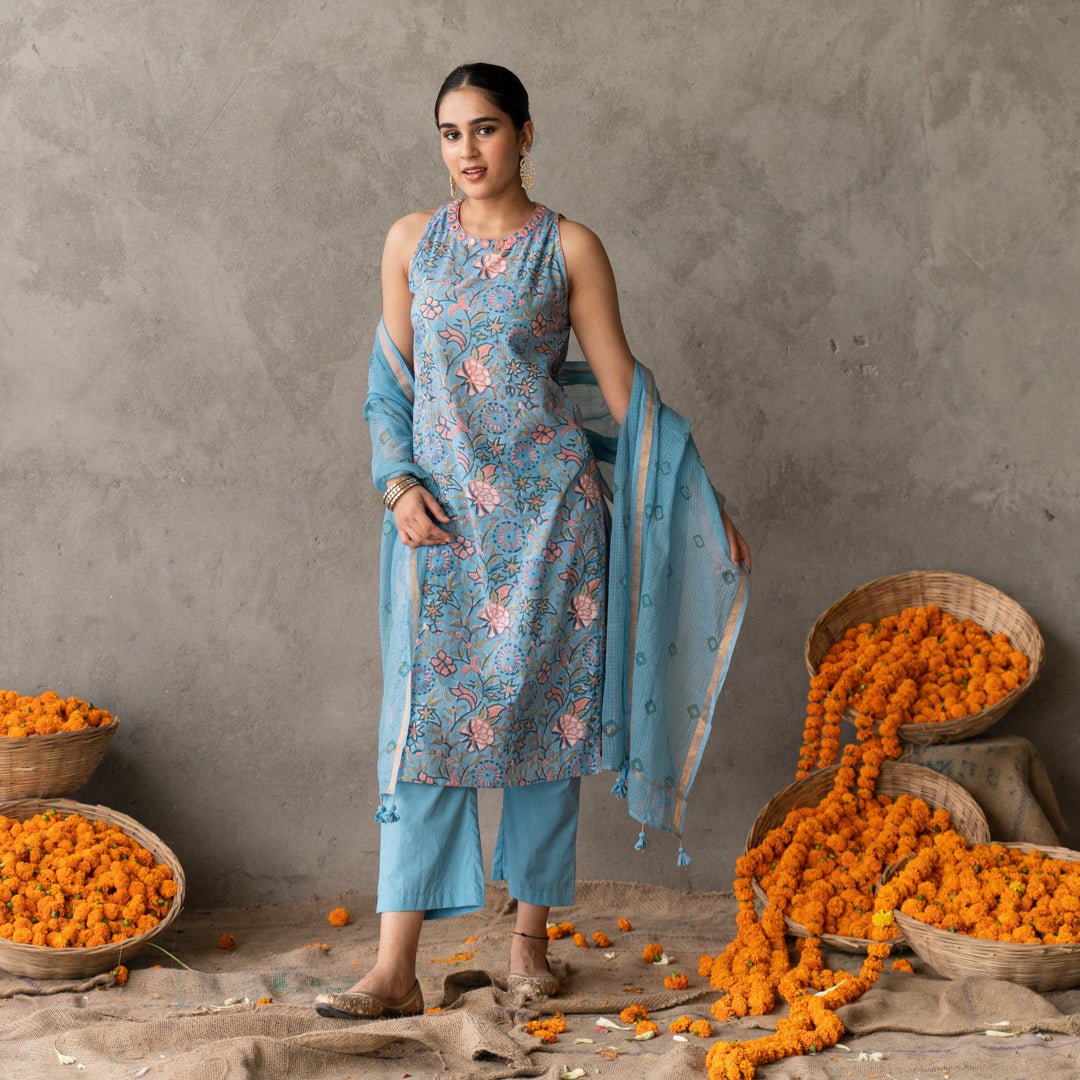 Blue block printed and embroidery detailed straight fit sleevless suit set with dupatta