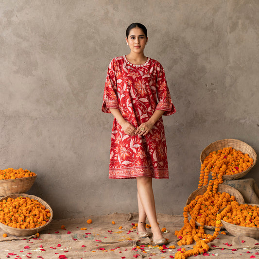 Red A-line dress with embroidery detail