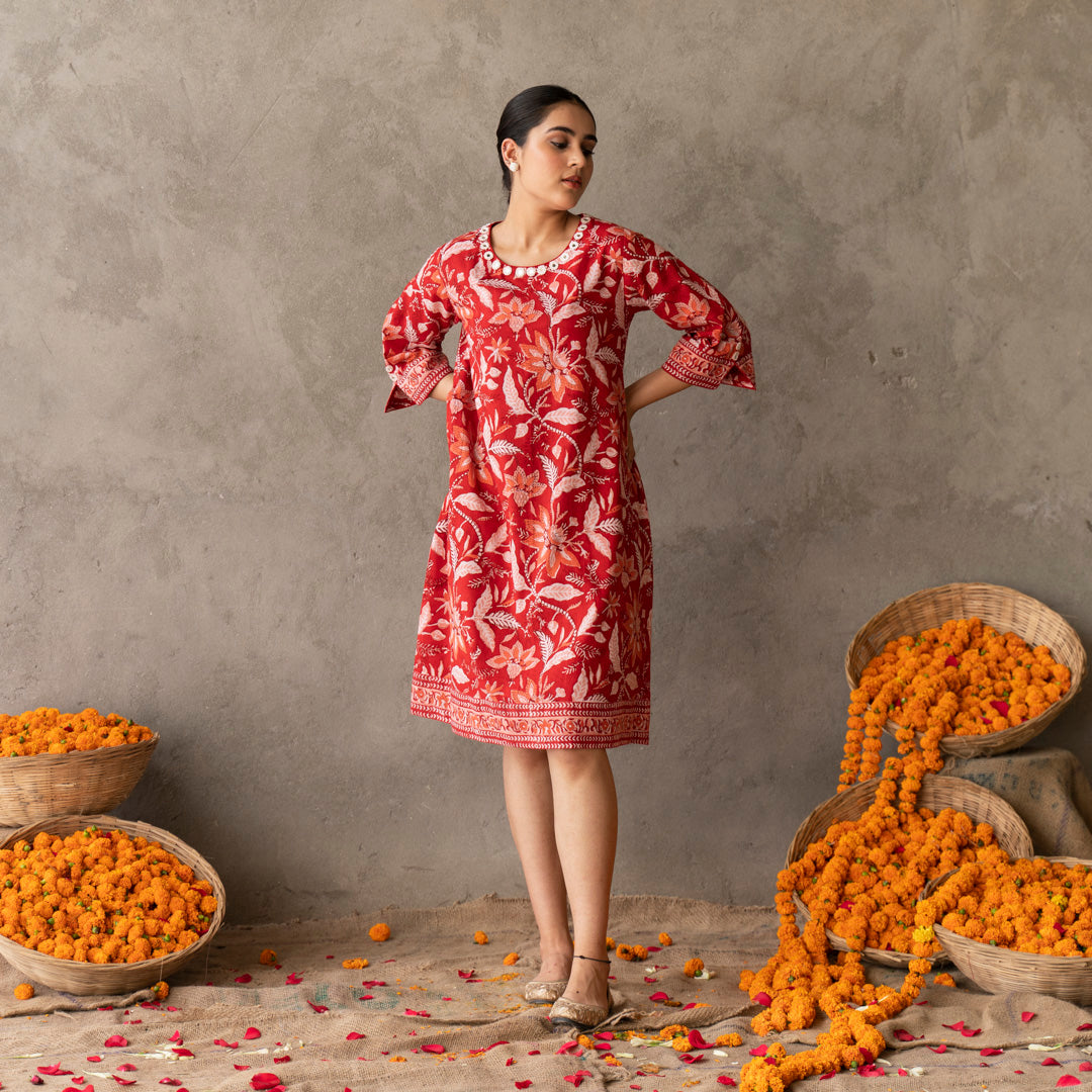 Red A-line dress with embroidery detail