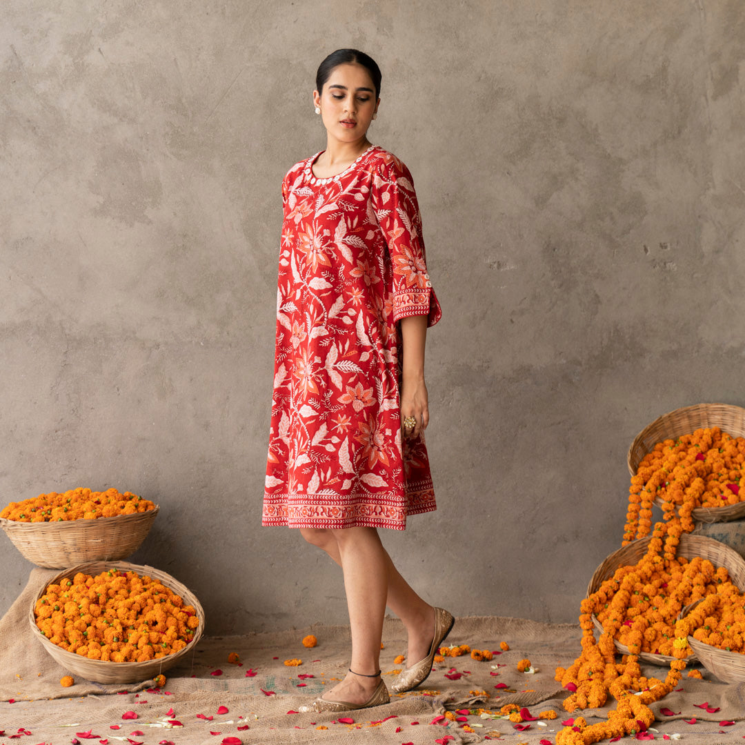 Red A-line dress with embroidery detail