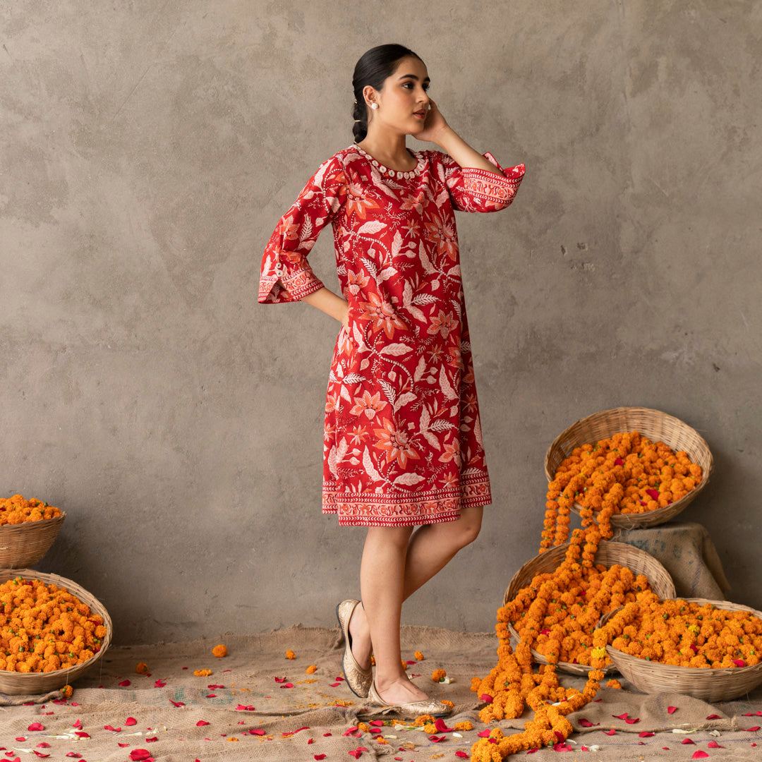 Red A-line dress with embroidery detail