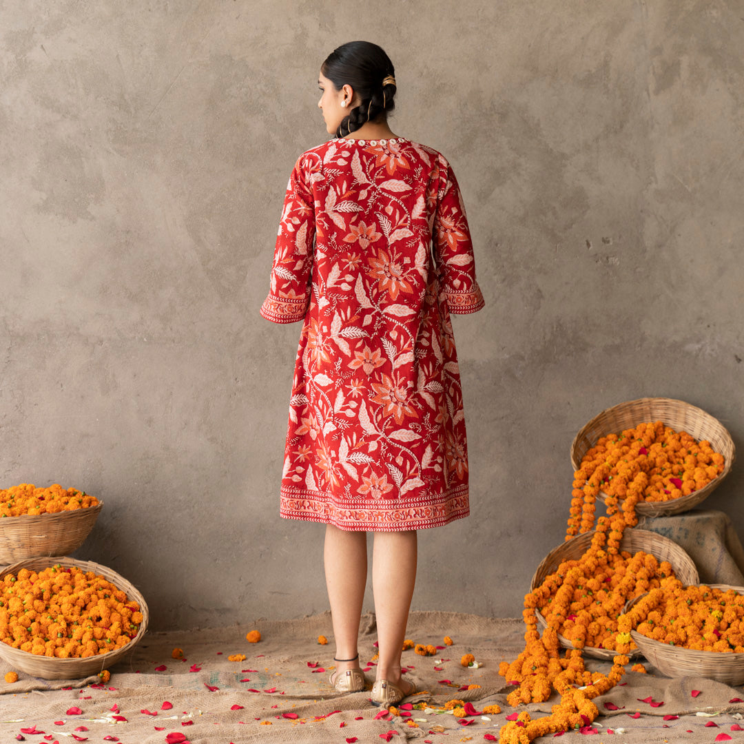 Red A-line dress with embroidery detail
